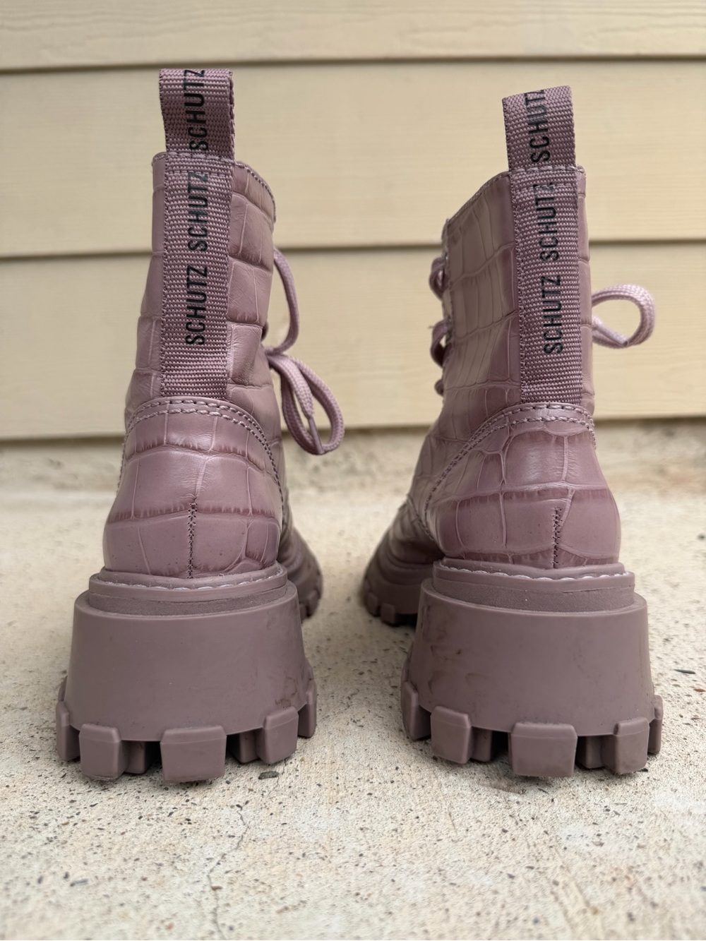 Schutz Orly Purple Croc Combat Boots Lug Sole Leather Womens 7.5 NWOB - Picture 4 of 16